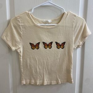 Cream crop top shirt, Size Small, Three butterflies, Good condition